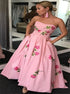 Ball Gown Sweetheart Pink Satin Prom Dress with Appliques Pockets LBQ1285